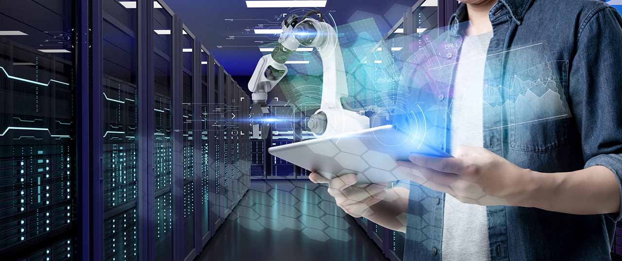 Man and future technology online cloud